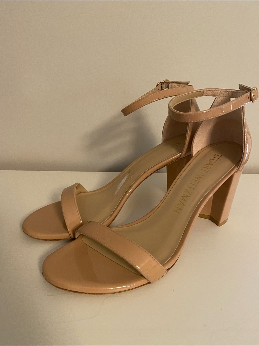 Stuart Weitzman Blush Patent Ankle-Strap Block Heels size 10.